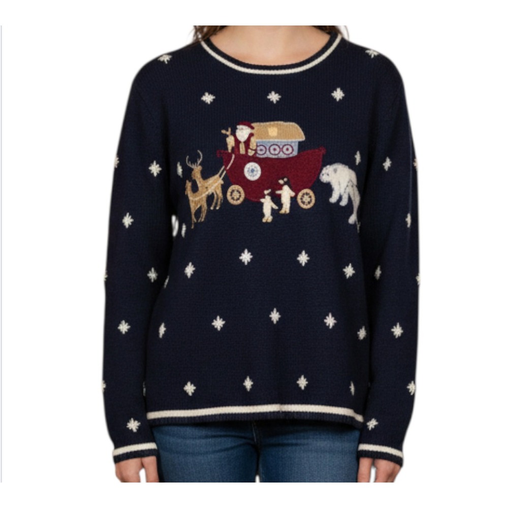 VTG Christopher Banks HAND KNITTED SWEATER Santa Noah's Ark Christmas Reindeer M